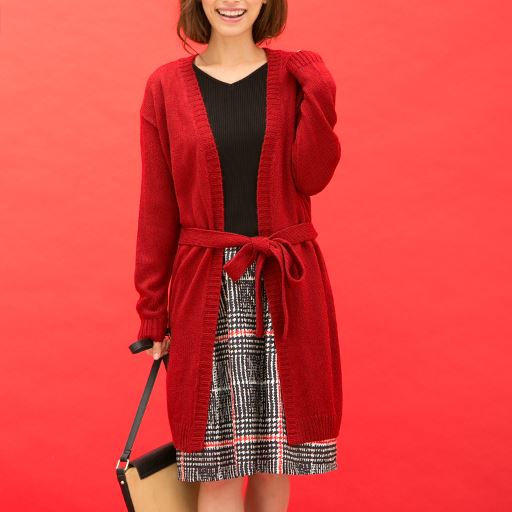 ベルト付きざっくりロングカーディガン セシール Cecile ベルト付きざっくりロングカーディガン セシール Cecile