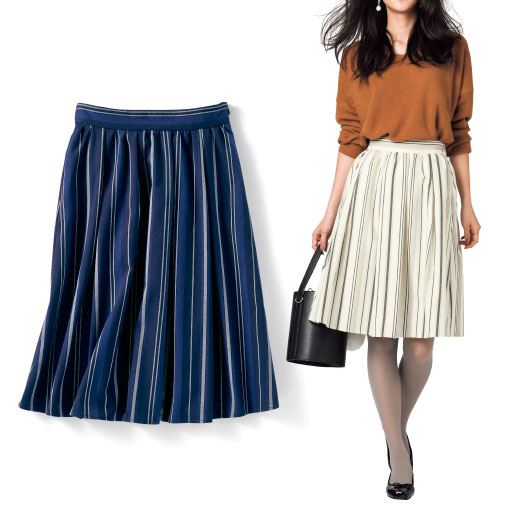 ストライプ柄フレアスカート 選べる2レングス セシール Cecile