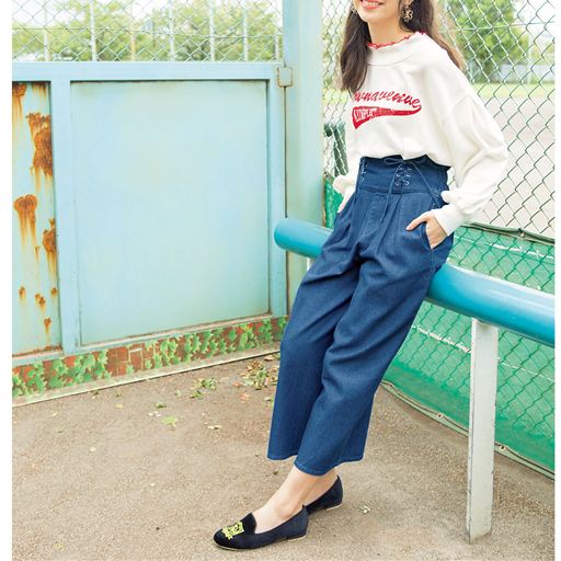 レースアップデニムワイドパンツ セシール Cecile レースアップデニムワイドパンツ セシール Cecile