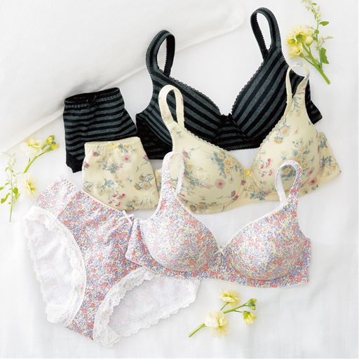 綿混ブラジャー ショーツペア ノンワイヤー 3 4モールドカップ セシール Cecile 綿混ブラジャー ショーツペア ノンワイヤー 3 4モールドカップ セシール Cecile