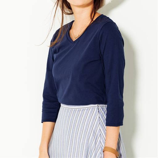 Vネック7分袖カットソー 綿100 セシール Cecile