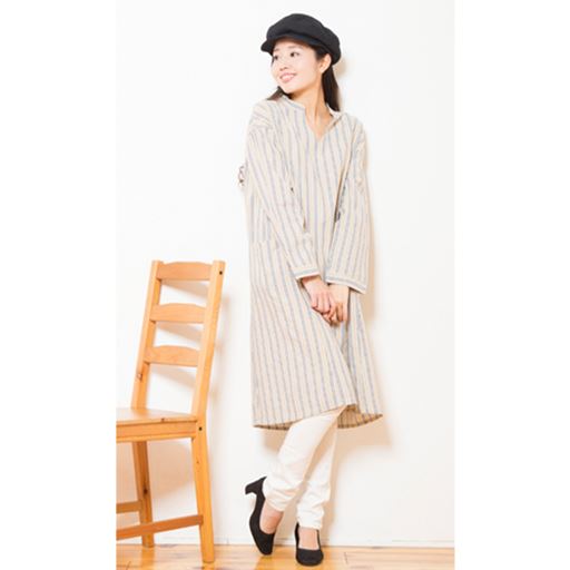 Net限定 スタンドカラーストライプワンピース 大きいサイズ セシール Cecile