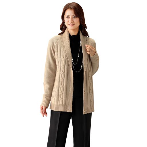 ウール100 ケーブル柄衿付カーディガン セシール Cecile