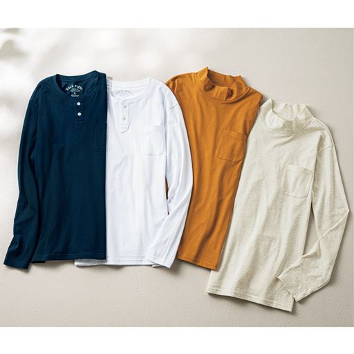 左から<br>ダークネイビー、ホワイト、マスタード、オートミール<br>ヘンリーネックはJK-593です