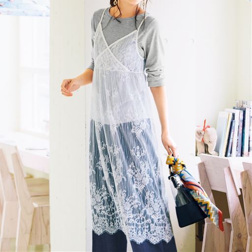 2点セット レースキャミワンピース Tシャツ セシール Cecile 2点セット レースキャミワンピース Tシャツ セシール Cecile