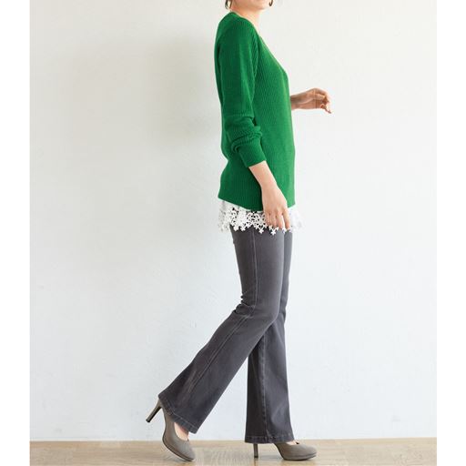 ぽっちゃりさんサイズ 裏起毛ニットデニムブーツカットパンツ 美脚パンツ 選べる3レングス セシール Cecile