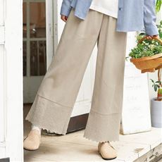 綿100%華やか裾刺しゅうワイドパンツ