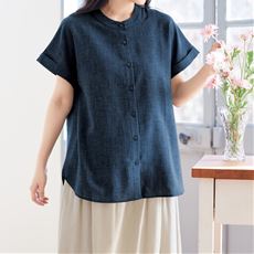 麻調バンドカラーブラウス(洗濯機OK)