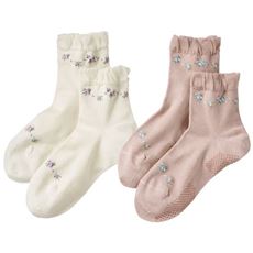 薄手レーヨンシルクの滑り止め付きソックス・色違い2足組