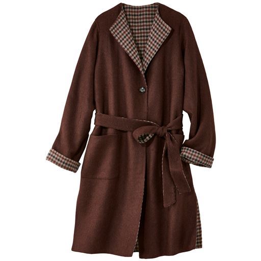 50%OFF【レディース大きいサイズ】 チェック使いノーカラーコート - セシール ■カラー：ダークブラウン ■サイズ：3L,4L,5L