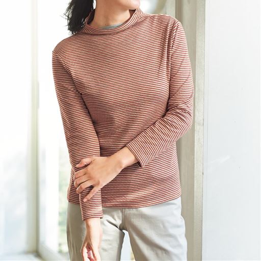 【レディース】 接結ウール混Tシャツ(日本製) ■カラー:ボーダーE(オレンジ×ベージュ ■サイズ:4L,3L,LL,L,M,S