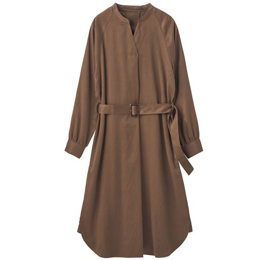 69%OFF【レディース】 微起毛サテンワンピース(ベルト付き) - セシール ■カラー：オリーブブラウン ■サイズ：M,L