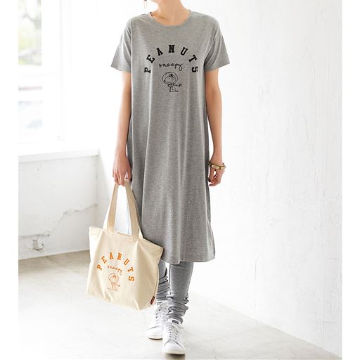 【レディース】 Tシャツワンピース(ピーナッツ) ■カラー：ミックスグレー ■サイズ：L,LL,3L,S,M