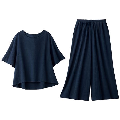 40%OFF【レディース】 セットアップ(トップス+ワイドパンツ)/綿100%ジャカード素材 - セシール ■カラー:ネイビー ■サイズ:M,L,LL,3L