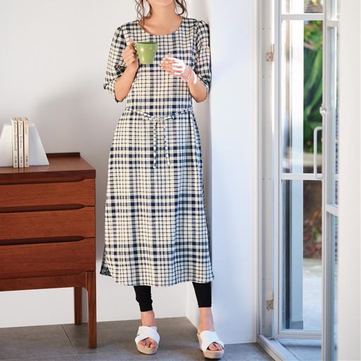 ぽっちゃりさんサイズ 共布リボンベルト付きワンピース セシール Cecile