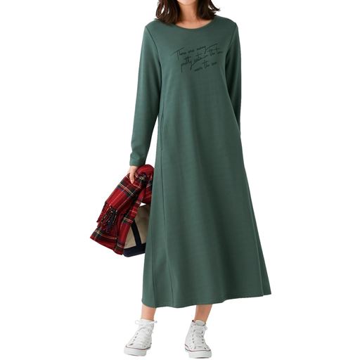 30%OFF【レディース大きいサイズ】 【ぽっちゃりさんサイズ】裏毛プリントワンピース(綿混・洗濯機OK) ■カラー：ダークグリーン ■サイズ：L,LL,3L,4L,5L,6L
