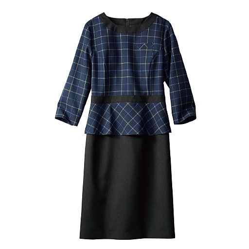 【レディース】 ぺプラムワンピース(事務服・洗濯機OK) ■カラー：チェックD(ネイビー系) ■サイズ：7AR,9AR,11AR,13AR,15ABR,17ABR,19ABR,21ABR