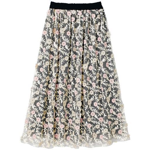 60%OFF【レディース大きいサイズ】 【ぽっちゃりさんサイズ】花柄刺しゅうチュールロングスカート - セシール ■カラー：ブラック系 ■サイズ：L(69-77),LL(77-85),3L(85-93)