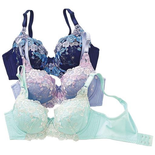 【レディース】 花刺しゅうレースブラジャー・3枚組(ソフトワイヤー入り・3/4カップ) ■カラー：セットC(エレガントカラー) ■サイズ：D75, D80, D85, C80, C85, B80, B85, B90, C75, C90, A75, A80, A85, A90, B75