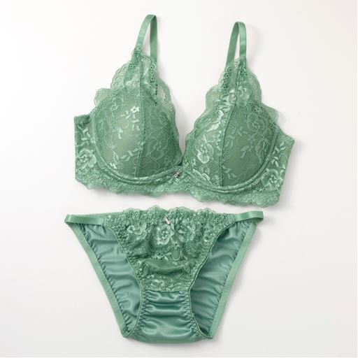 10%OFF【レディース】 【ネット限定】脇高花柄レースブラジャー&ショーツセット - セシール ■カラー：グリーン系 ■サイズ：D75L