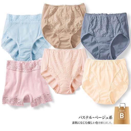 【レディース】 【お試し福袋】デザイン違い6枚組・綿100%レーシィショーツ(はきこみ丈スタンダード) ■カラー:B(パステル・ベージュ系) ■サイズ:M,L,LL,3L,5 【レディース】 【お試し福袋】デザイン違い6枚組・綿100%レーシィショーツ(はきこみ丈スタンダード) ■カラー:B(パステル・ベージュ系) ■サイズ:M,L,LL,3L,5