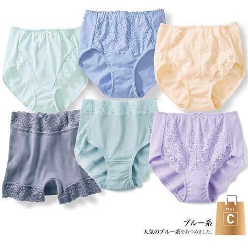 【レディース】 【お試し福袋】デザイン違い6枚組・綿100%レーシィショーツ(はきこみ丈スタンダード) ■カラー:C(ブルー系) ■サイズ:M,L,LL,3L,5L 【レディース】 【お試し福袋】デザイン違い6枚組・綿100%レーシィショーツ(はきこみ丈スタンダード) ■カラー:C(ブルー系) ■サイズ:M,L,LL,3L,5L