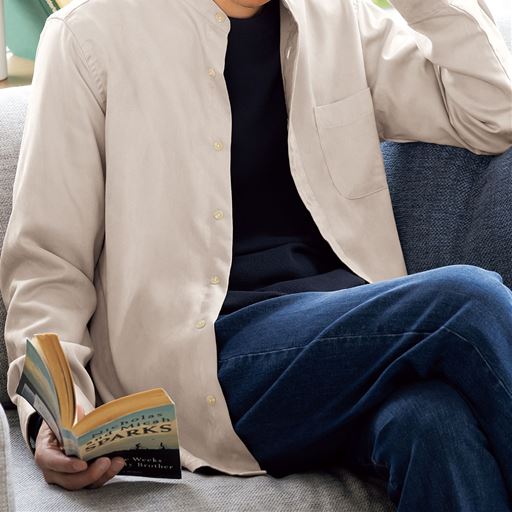 【メンズ】 ストレッチ・起毛素材バンドカラーシャツ - セシール ■カラー：ベージュ系 ■サイズ：M(88-96),L(96-104),LL(104-112),3L(108-116),5L(116-124)