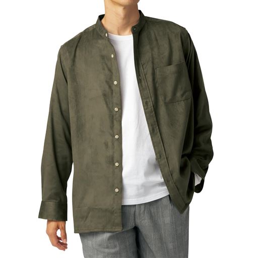 【メンズ】 ストレッチ・起毛素材バンドカラーシャツ ■カラー：カーキ系 ■サイズ：M(88-96),L(96-104),LL(104-112)