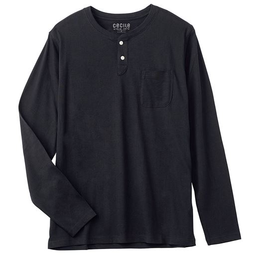【男女兼用】綿100%ヘンリーネックTシャツ(長袖) | ブラック
