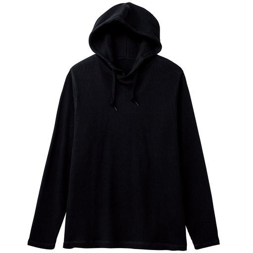 【メンズ】 綿100%ワッフルカットソープルパーカ ■カラー：ブラック ■サイズ：M(88-96),L(96-104),LL(104-112),3L(108-116),5L(116-124)