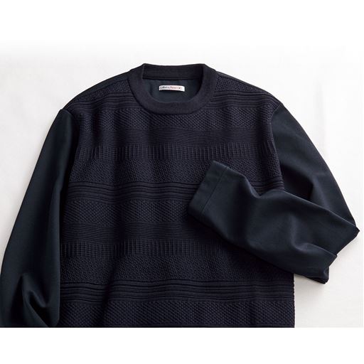 【メンズ】 日本製・ニット切替クルーネック ■カラー：ネイビー ■サイズ：M(88-96),5L(116-124)