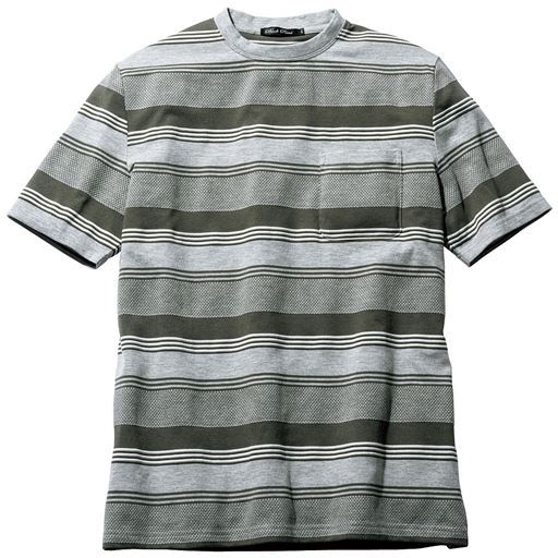 【メンズ】 ラーベン編みボーダー柄Tシャツ(ドライ機能付き) - セシール ■カラー:カーキ系 ■サイズ:M,L,LL,3L,5L