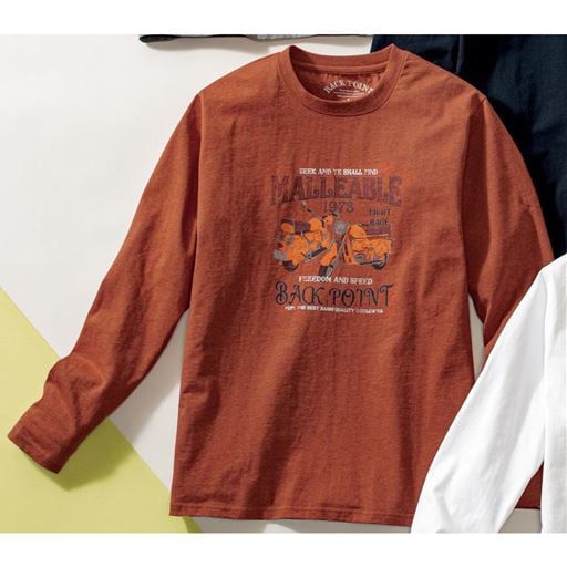 【メンズ】 綿100%プリントTシャツ(長袖) ■カラー：レンガ ■サイズ：M,L,LL,3L,5L,5L(116-124),3L(108-116),LL(104-112),L(96-104),M(88-96)