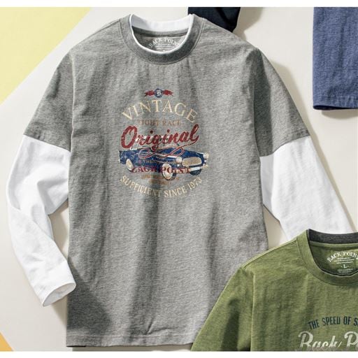 【メンズ】 フェイクレイヤードプリントTシャツ 安心の綿100%素材 ■カラー：ミディアムグレー ■サイズ：L,LL,3L,5L,5L(116-124),3L(108-116),LL(104-112),L(96-104)