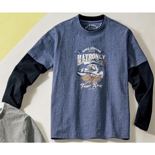 【メンズ】 フェイクレイヤードプリントTシャツ 安心の綿100%素材 - セシール ■カラー：アッシュブルー ■サイズ：M,L,3L,5L,L(96-104),M(88-96),5L(116-124),3L(108-116)