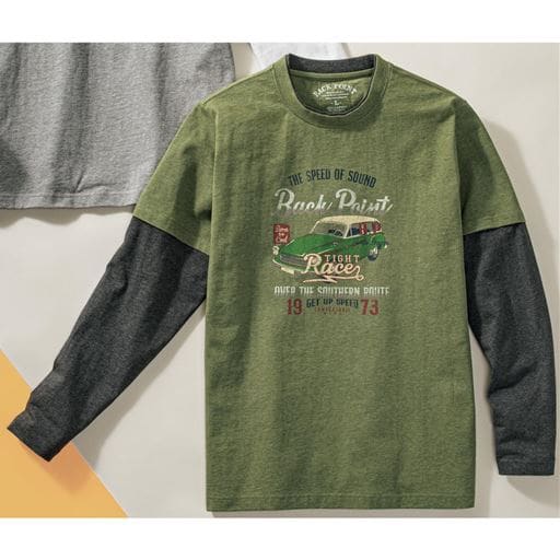 【メンズ】 フェイクレイヤードプリントTシャツ 安心の綿100%素材 ■カラー：オリーブ ■サイズ：L,LL,3L,5L,5L(116-124),3L(108-116),LL(104-112),L(96-104)