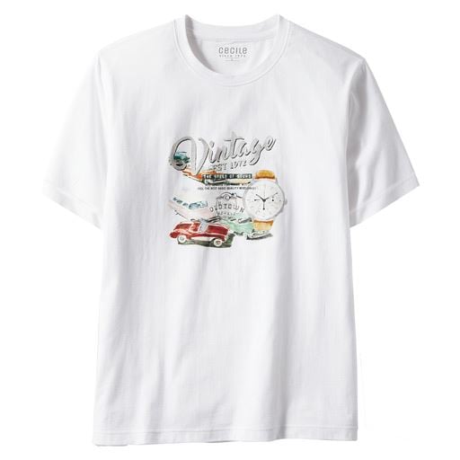 440円OFF！＜セシール＞ 20%OFF【メンズ】 綿100%プリントTシャツ(半袖) - セシール ■カラー：ホワイト ■サイズ：M(88〜96)L(96〜104)LL(104〜112)5L(116〜124)