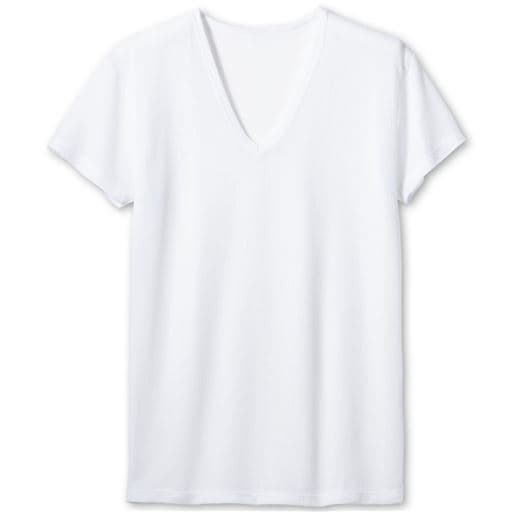 【メンズ】 薄地ミニワッフルV首半袖シャツ - セシール ■カラー：ホワイト ■サイズ：S,M,L,LL