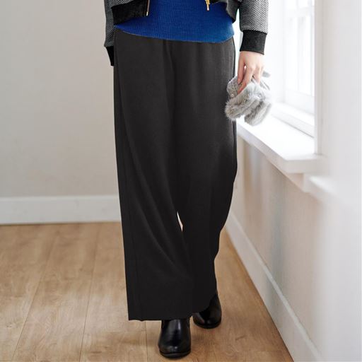 【レディース】 セルフカットリブワイドパンツ - セシール ■カラー：ブラック ■サイズ：S(58～64),M(64～70),L(69～77),3L(85～93),LL(77～85)