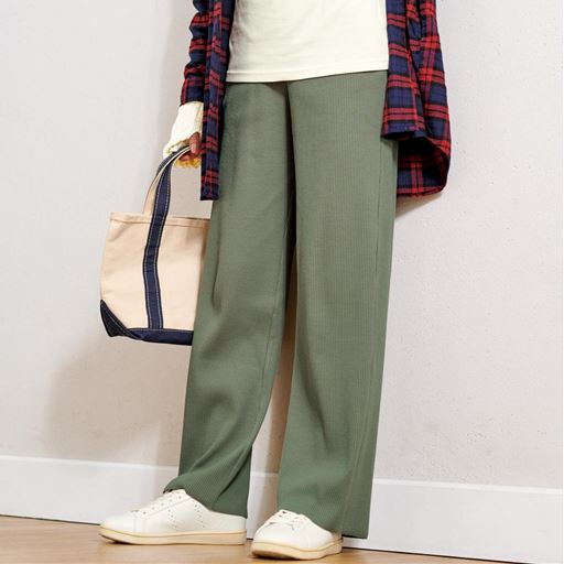 【レディース】 セルフカットリブワイドパンツ ■カラー：ソフトカーキ ■サイズ：LL(77～85),3L(85～93),M(64～70),L(69～77),S(58～64)