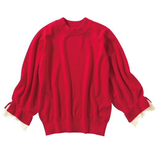 69%OFF【レディース】 袖口レースニットプルオーバー - セシール ■カラー：レッド ■サイズ：S,M,L