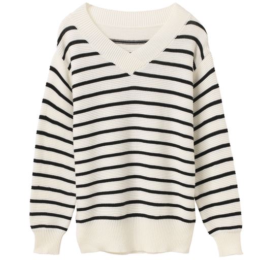49%OFF【レディース】 Vネックゆったりニットプルオーバー - セシール ■カラー：ボーダー ■サイズ：M,L,LL