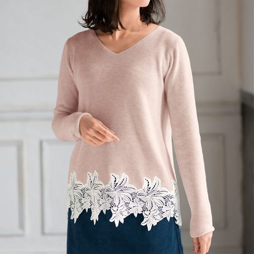 60%OFF【レディース大きいサイズ】 裾レースニットプルオーバー - セシール ■カラー：ベージュ ■サイズ：L,LL,3L,4L,5L,6L
