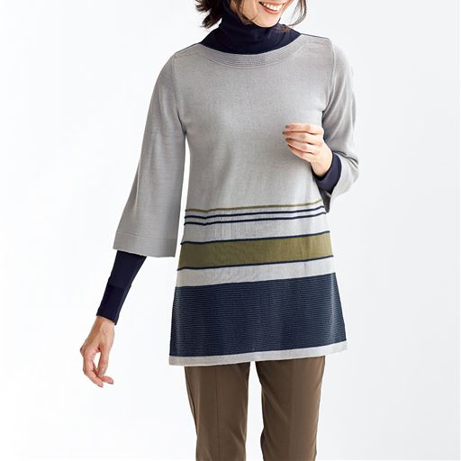 50%OFF【レディース】 ボーダー柄ニットチュニック - セシール ■カラー：グレー系 ■サイズ：M,L