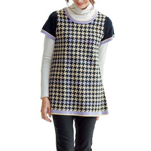 50%OFF【レディース】 千鳥柄ニットチュニック - セシール ■カラー：ネイビー系 ■サイズ：M,L