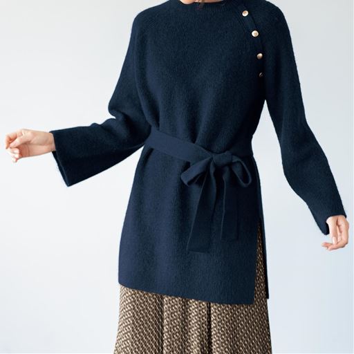 60%OFF【レディース】 ボタン使いロングニットプルオーバー(共布ベルト付き) ■カラー：ネイビー ■サイズ：S,M,L,LL