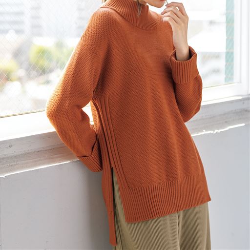 45%OFF【レディース】 ロングスリットハイネックプルオーバー(洗濯機OK) ■カラー：ダークオレンジ ■サイズ：M,L,LL,3L