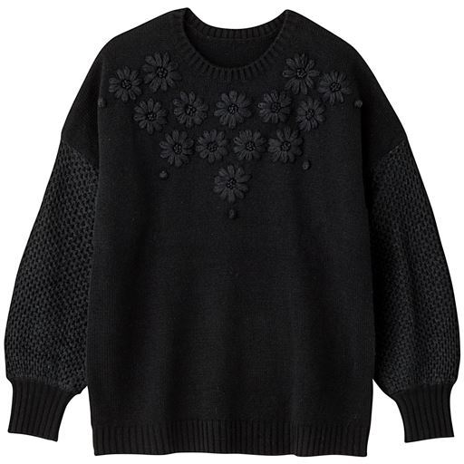 30%OFF【レディース大きいサイズ】 【ぽっちゃりさんサイズ】刺しゅう使いニットプルオーバー(ウォッシャブル) - セシール ■カラー：ブラック ■サイズ：L,LL,3L