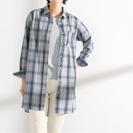 【レディース】 UVケア綿混ロングシャツ(洗濯機OK) ■カラー：グレー系(チェック) ■サイズ：S