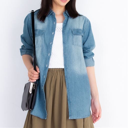 50%OFF【レディース】 ロングシャツ(綿100%) - セシール ■カラー：フェードブルー ■サイズ：M